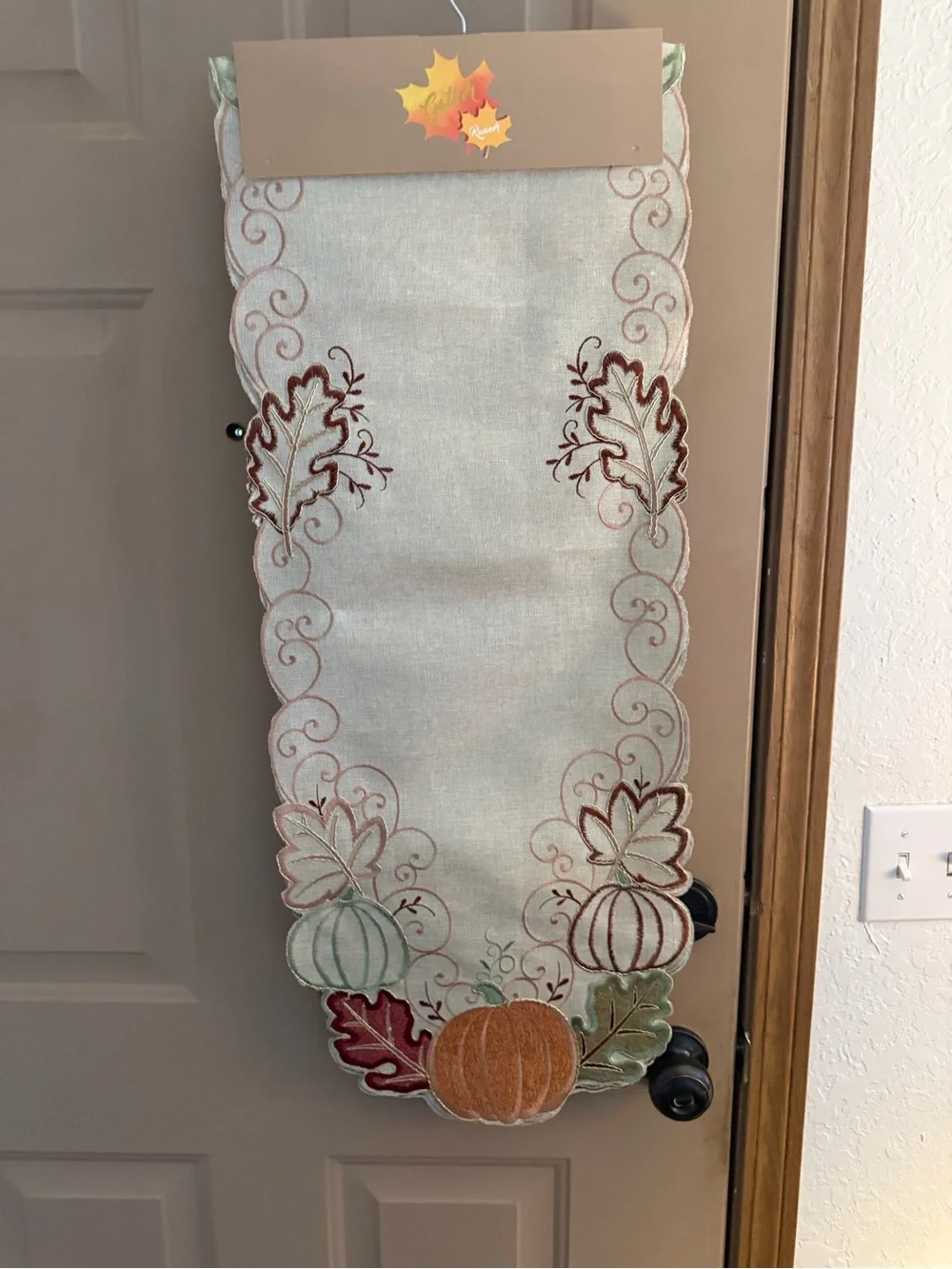 Cream Embroidered Pumpkin Table Runner with Autumn Leaves